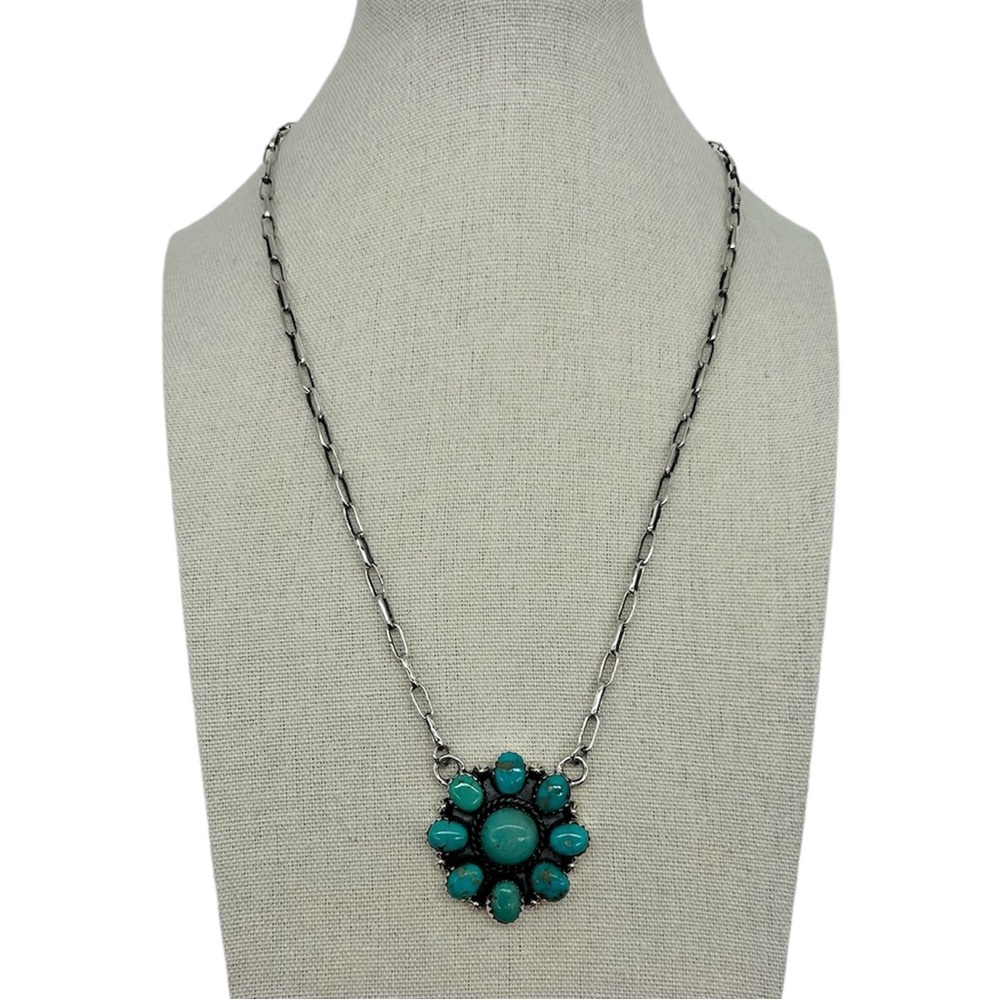 925 Sterling Silver Natural Kingman Turquoise Cluster Clip Flower Necklace